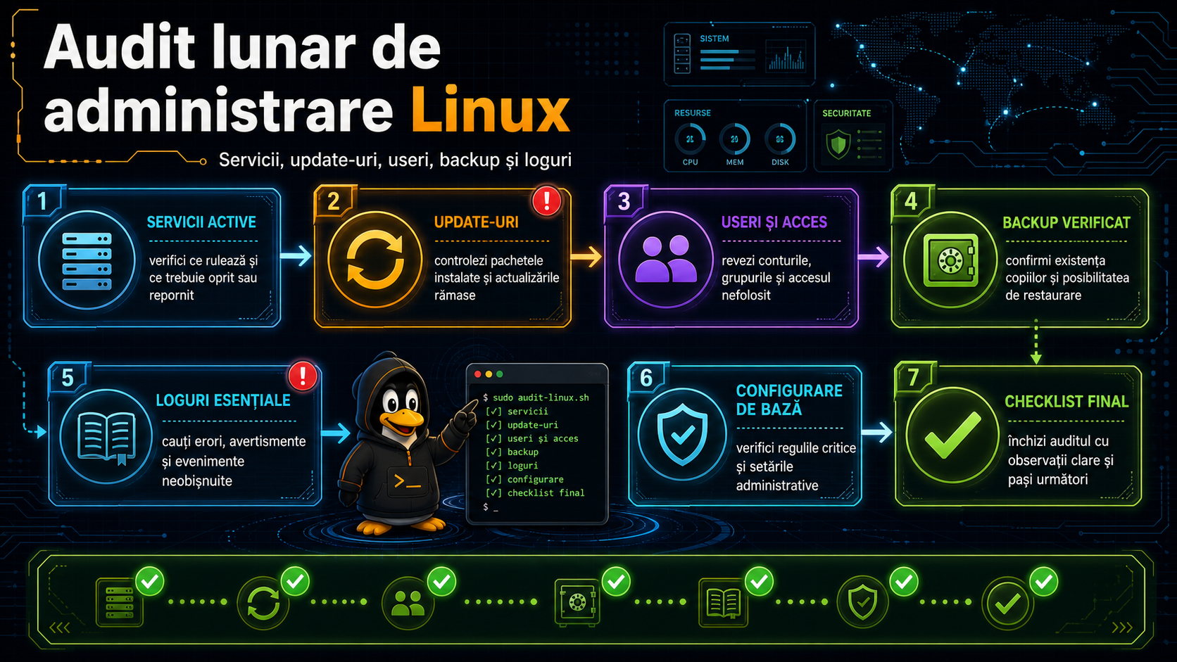 Audit lunar Linux: checklist clar pentru servicii, update-uri, utilizatori, backup și loguri