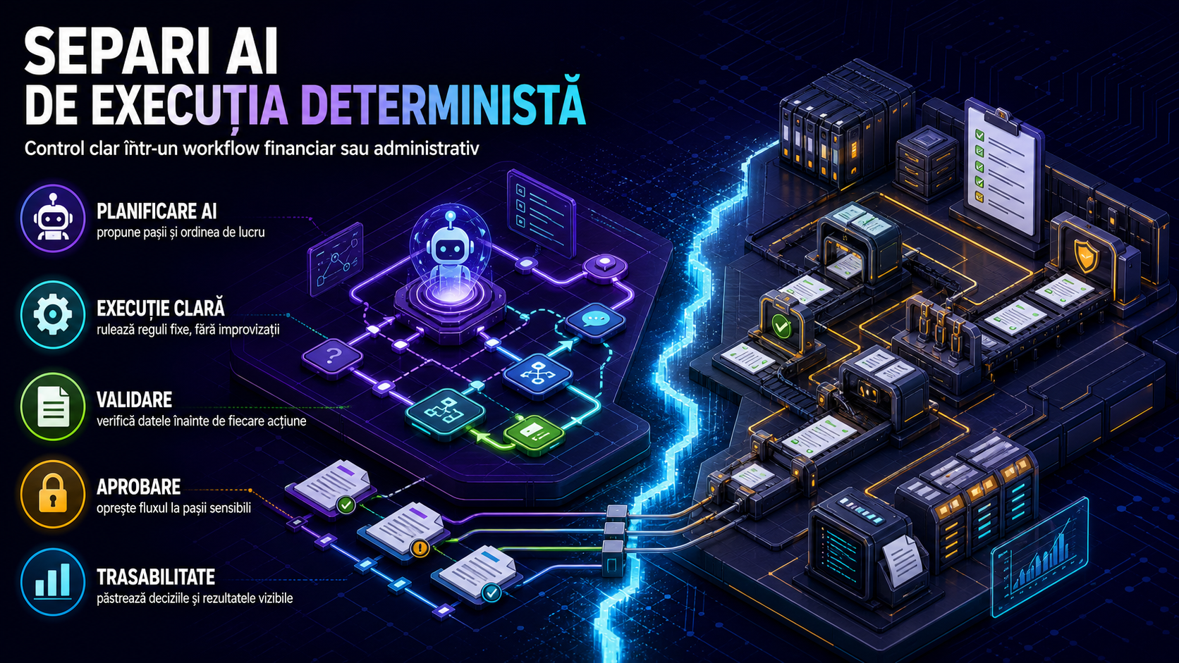 Automatizări AI pentru firme: cum separi planificarea AI de execuția deterministă într-un workflow financiar sau administrativ