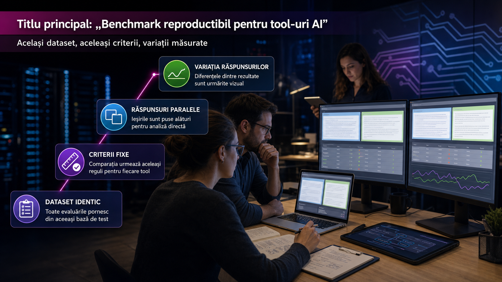 Benchmarkul reproductibil devine noul test serios pentru tool-urile AI: același dataset, aceleași criterii, măsurarea variației răspunsurilor