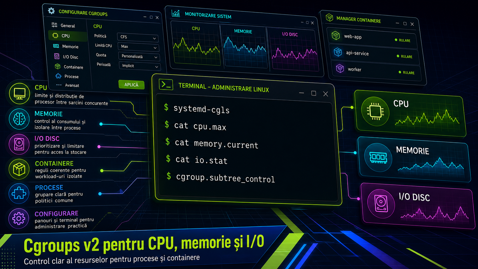 Cgroups v2 în practică: cum limitezi CPU, memoria și I/O pentru procese și containere pe Linux