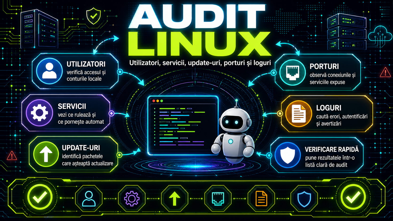 Comenzi Linux utile pentru audit rapid: utilizatori, servicii, update-uri, porturi și loguri