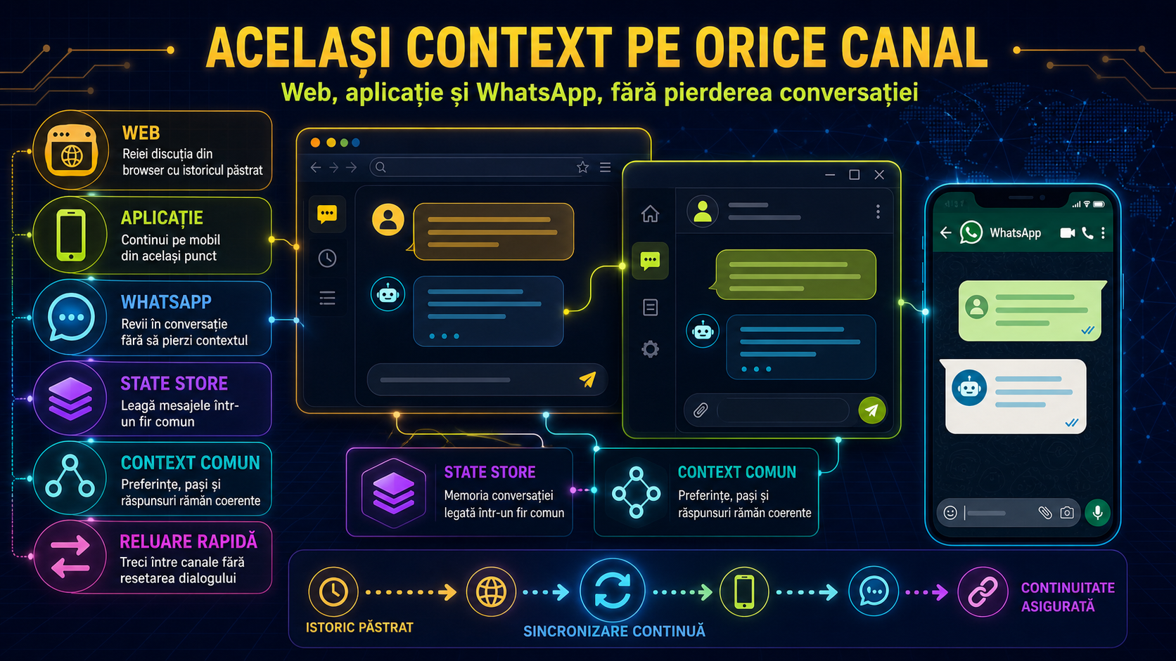 Conversation State Store: cum reiei aceeași conversație AI pe web, aplicație și WhatsApp fără să pierzi contextul