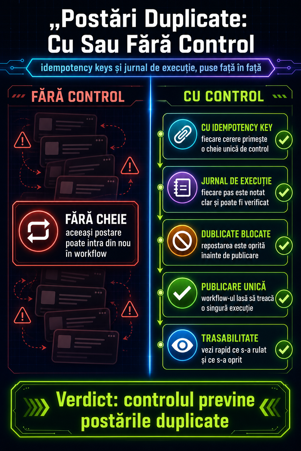 Cum previi postările duplicate într-un workflow social cu idempotency keys și jurnal de execuție