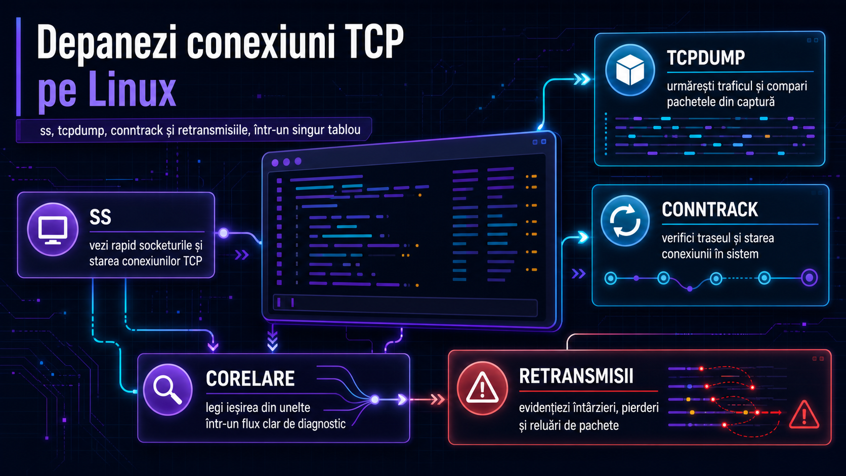 Cum depanezi conexiunile TCP pe Linux cu ss, tcpdump, conntrack și analiza retransmisiilor