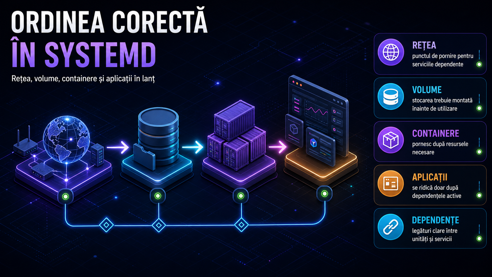 Cum setezi corect dependențele systemd între rețea, volume, containere și aplicații pe Linux