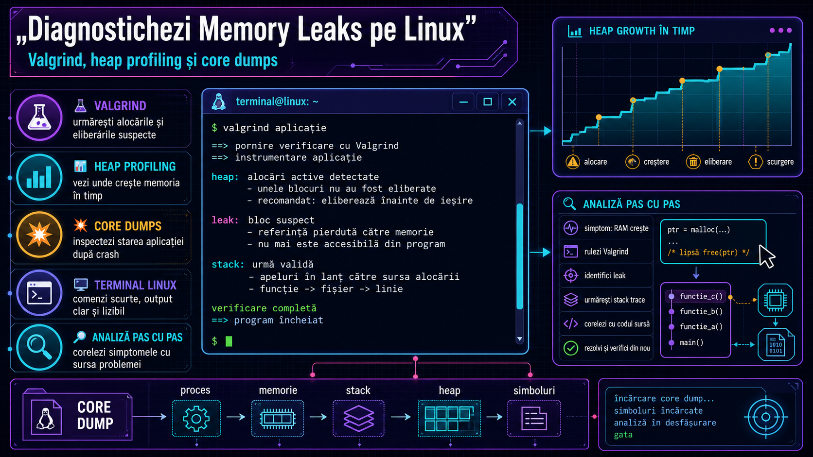 Cum diagnostichezi memory leaks în aplicații Linux cu Valgrind, heap profiling și core dumps