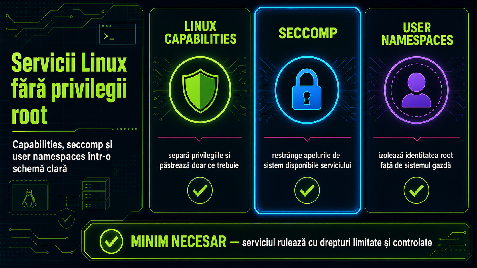 Cum elimini privilegiile root din servicii folosind Linux capabilities, seccomp și user namespaces