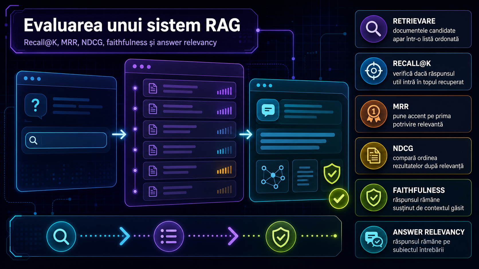 Cum evaluezi corect un sistem RAG: Recall@K, MRR, NDCG, faithfulness și answer relevancy