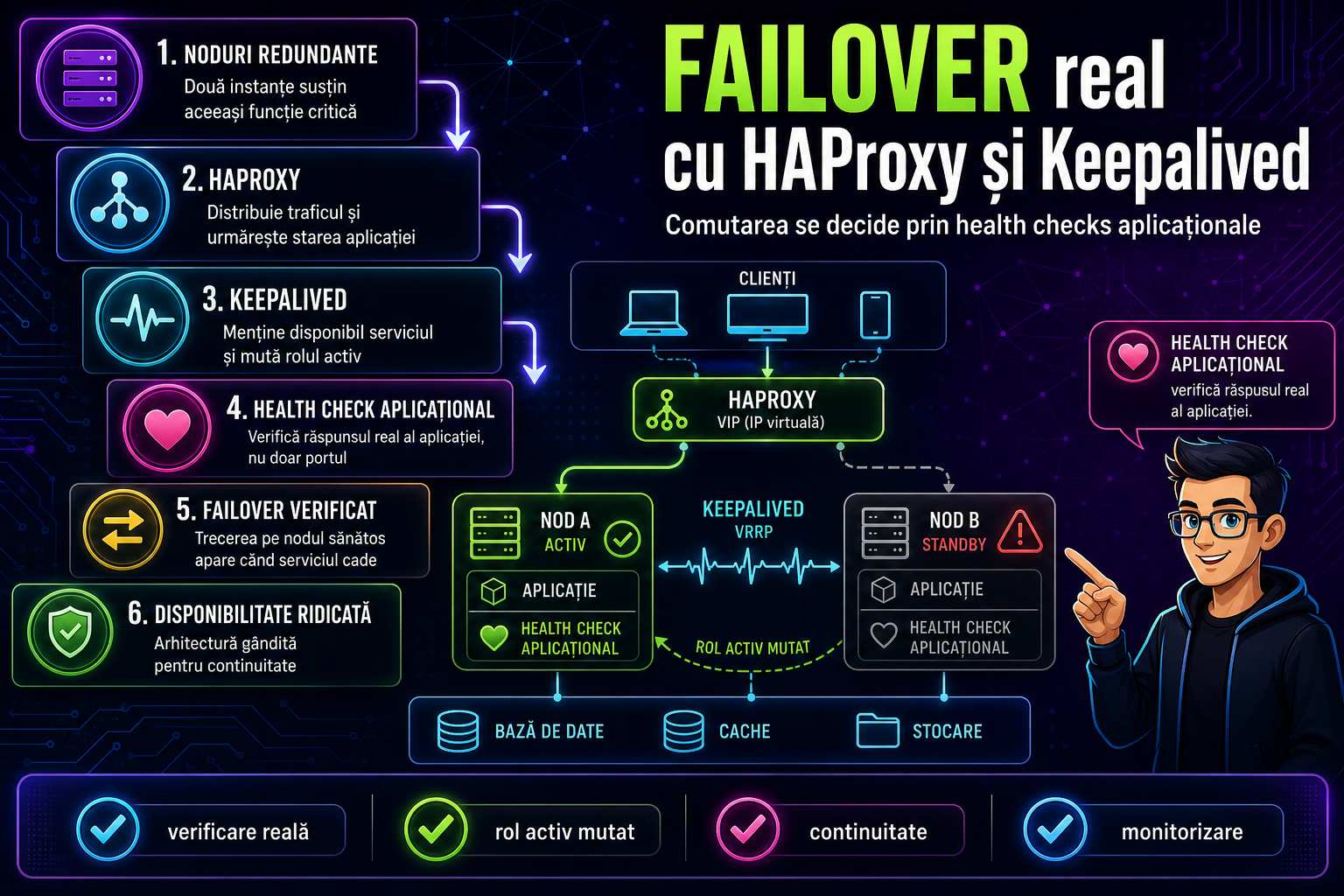 High availability cu Keepalived și HAProxy: failover verificat prin health checks aplicaționale