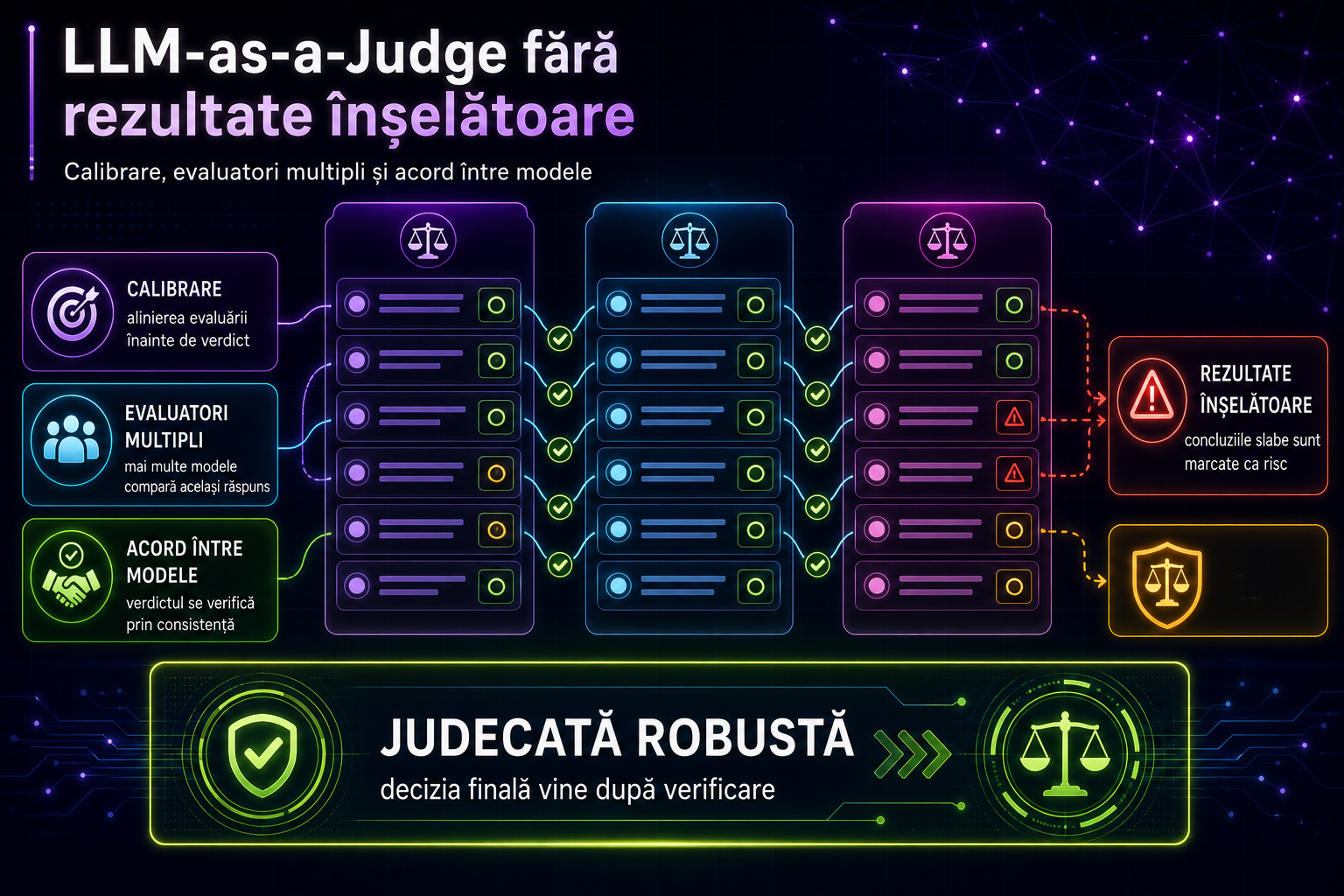 LLM-as-a-Judge fără rezultate înșelătoare: calibrare, evaluatori multipli și acord între modele