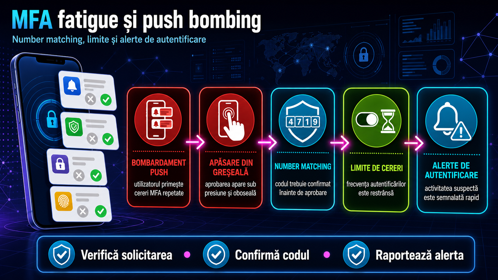 MFA fatigue și push bombing: cum îți protejezi conturile cu number matching, limite și alerte de autentificare