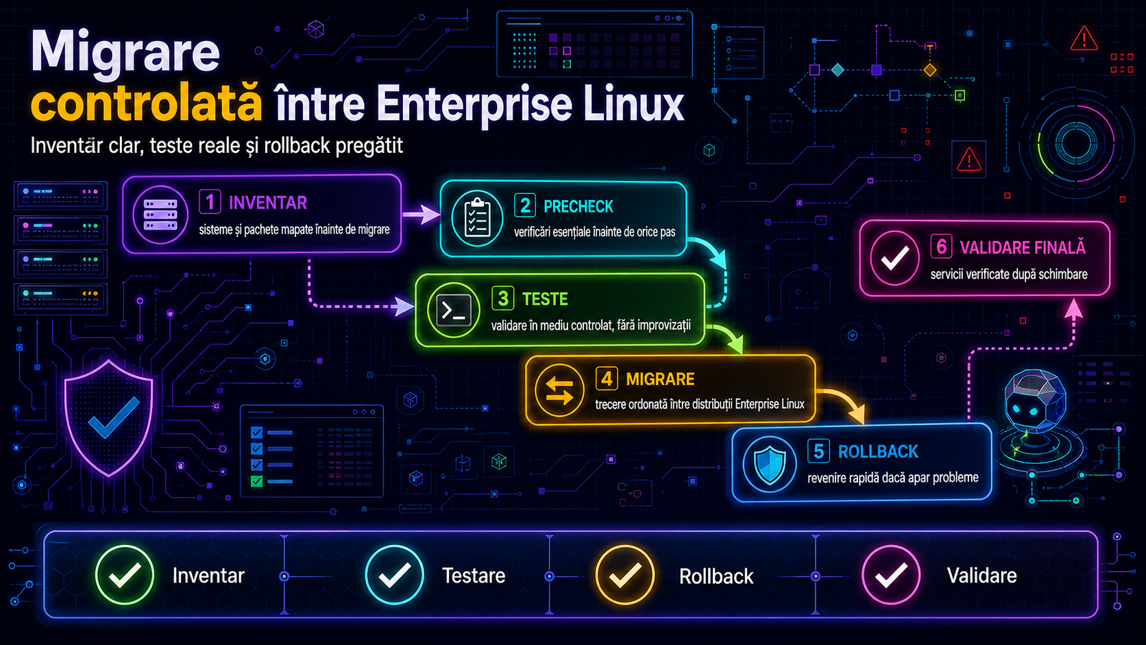 Migrare controlată între distribuții Enterprise Linux: cum reduci riscul cu inventar, teste și rollback