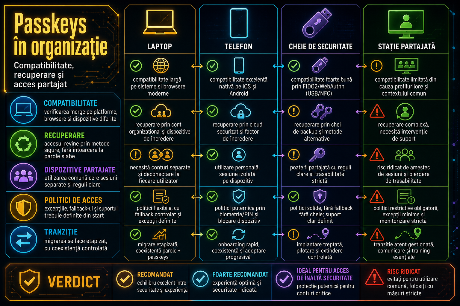 Migrarea de la parole la passkeys într-o organizație: compatibilitate, recuperare și dispozitive partajate
