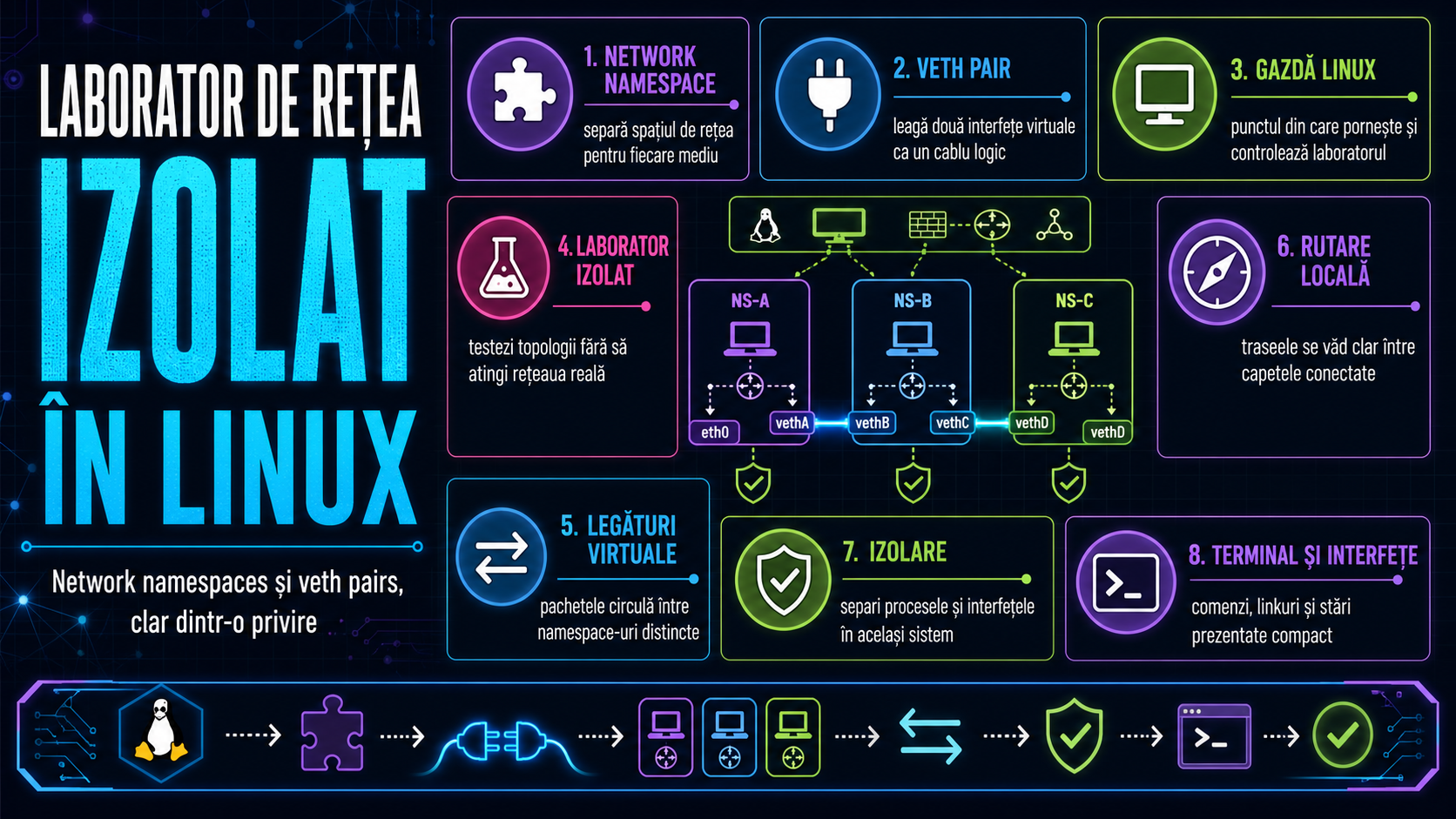 Network namespaces și veth pairs pe Linux: cum construiești un laborator de rețea izolat direct în sistem