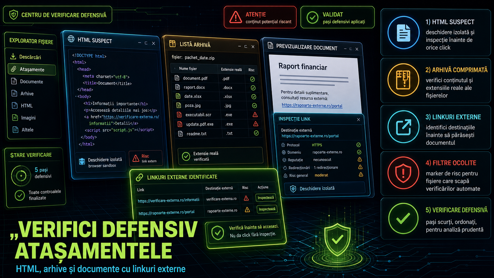 Phishing rezistent la filtre: cum verifici defensiv atașamentele HTML, arhivele și documentele cu linkuri externe