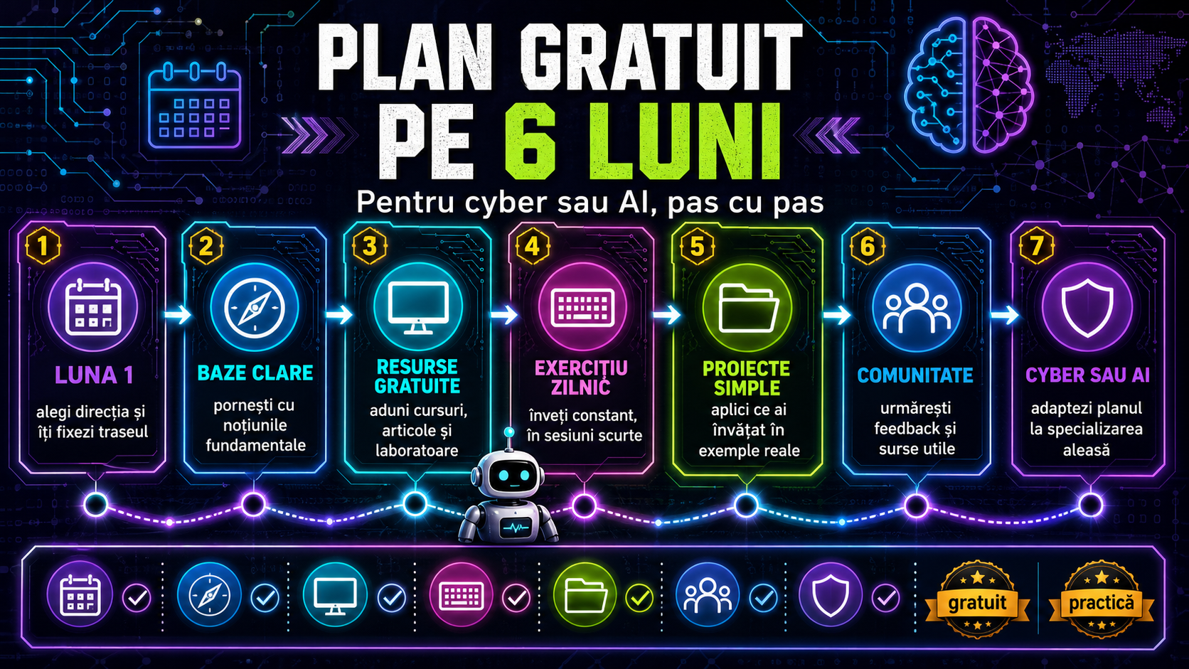 Plan gratuit de învățare pe 6 luni pentru cyber sau AI: cum începi fără să te pierzi pe drum