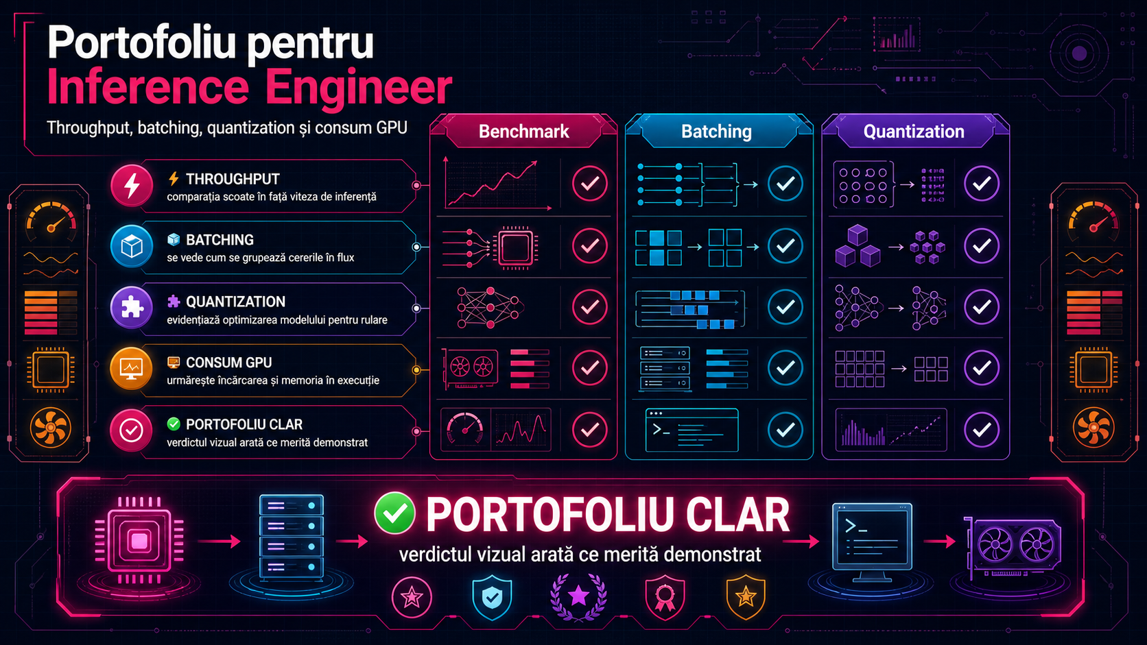 Portofoliu pentru Inference Engineer: cum prezinți benchmark-uri de throughput, batching, quantization și consum GPU