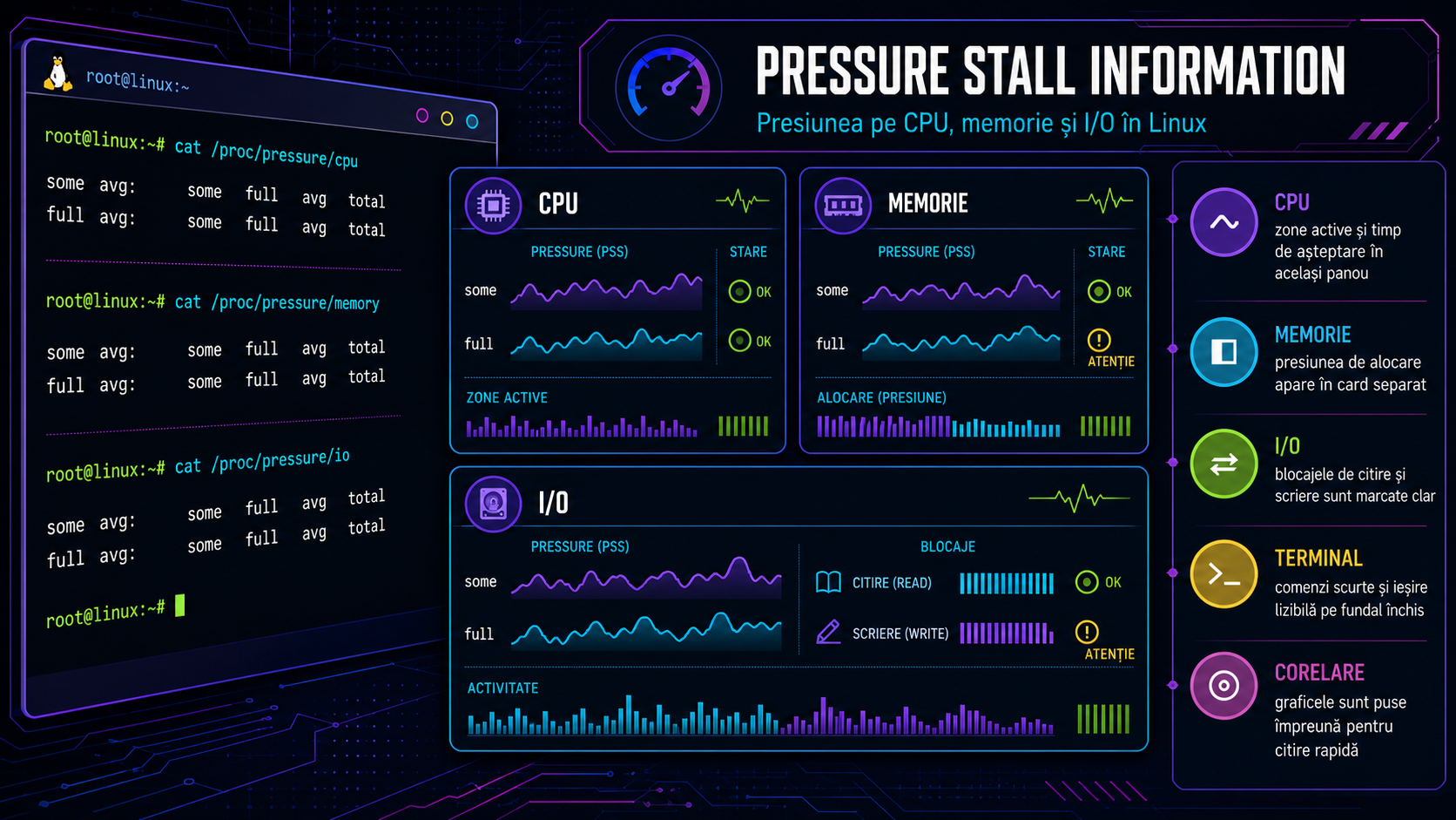 Pressure Stall Information în Linux: cum citești presiunea reală pe CPU, memorie și I/O