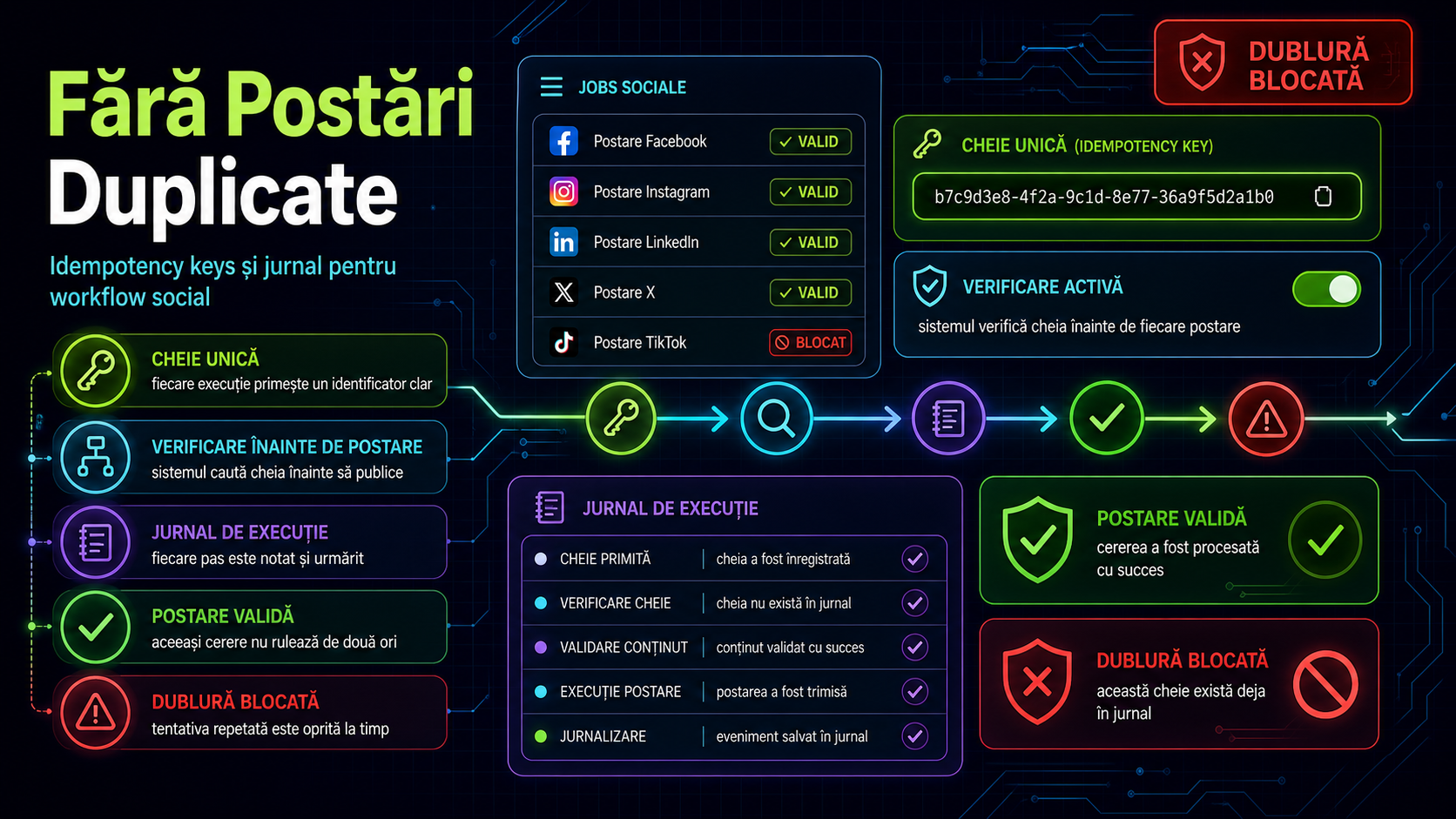 Cum previi postările duplicate într-un workflow social cu idempotency keys și jurnal de execuție