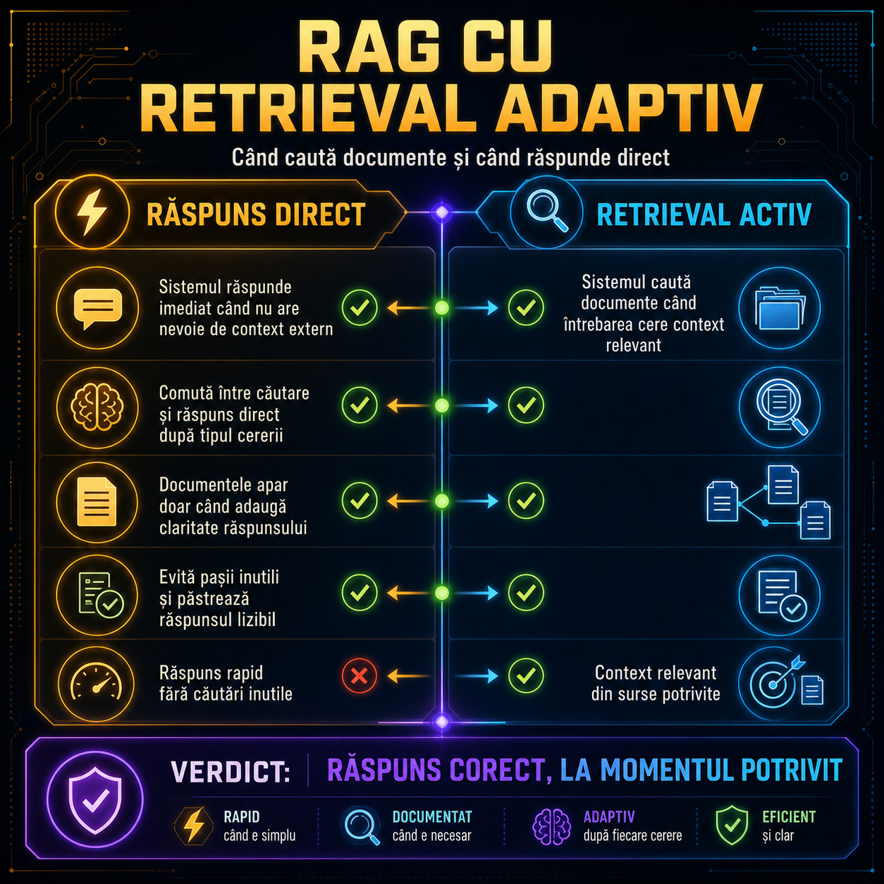 RAG cu retrieval adaptiv: când sistemul caută documente și când răspunde direct