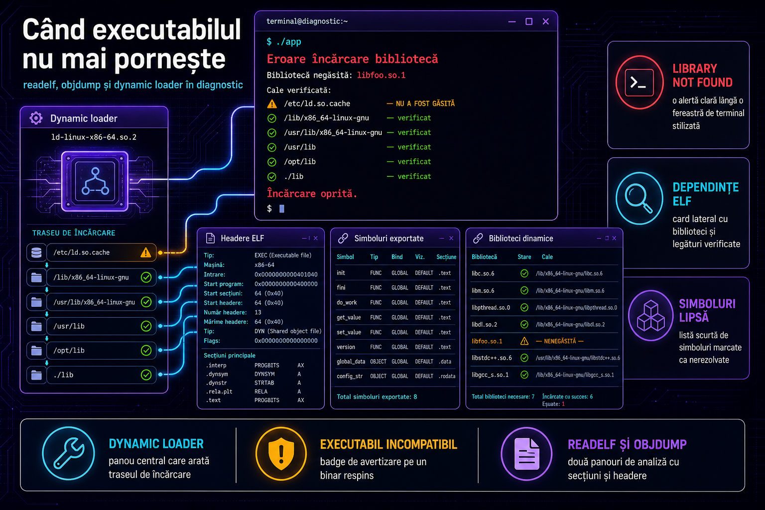readelf, objdump și dynamic loader: cum diagnostichezi rapid erorile „library not found” și executabilele incompatibile în Linux