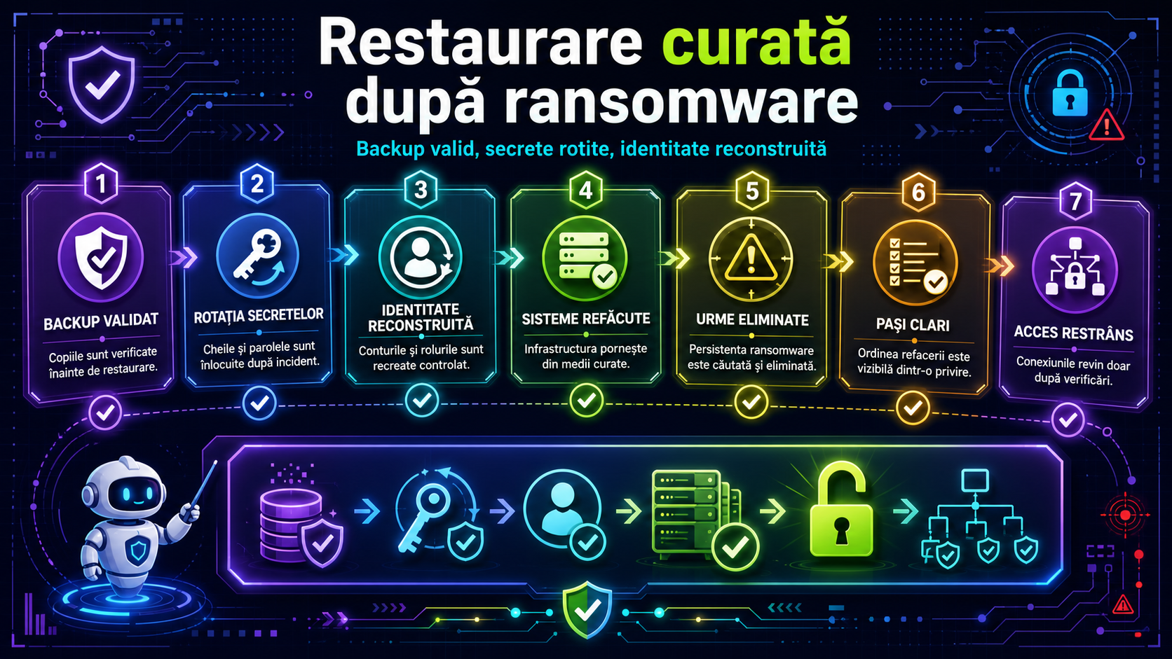Restaurare curată după ransomware: cum validezi backupul, rotești secretele și refaci identitatea