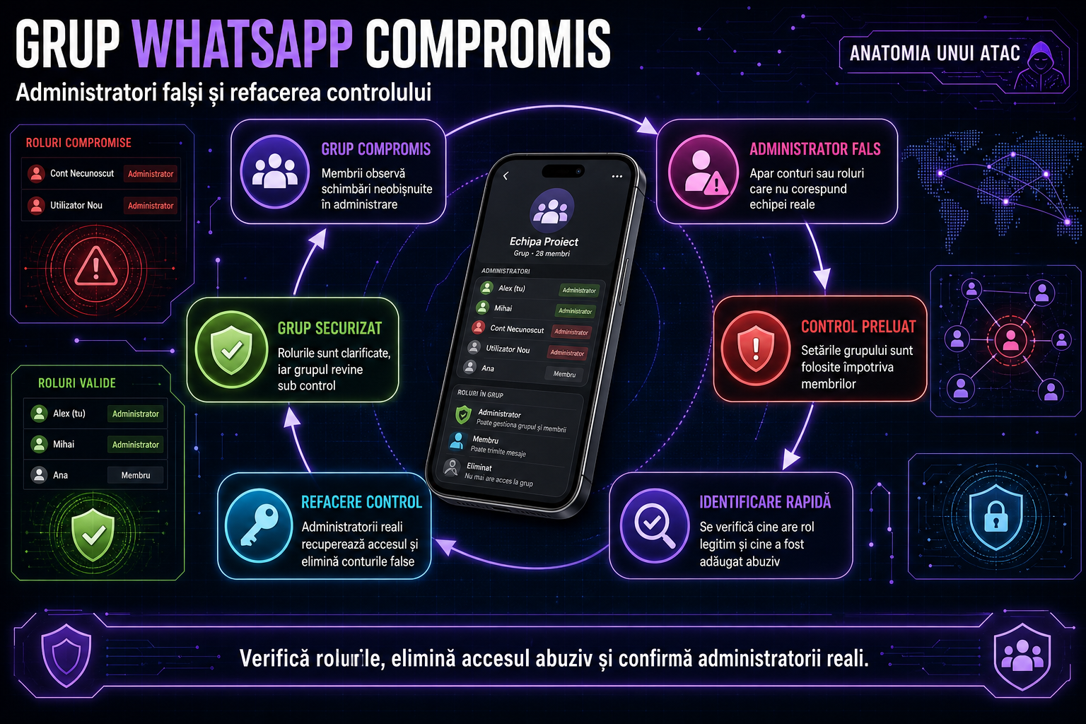 Scam-uri WhatsApp în grupuri compromise: cum recunoști administratorii falși și cum refaci controlul grupului