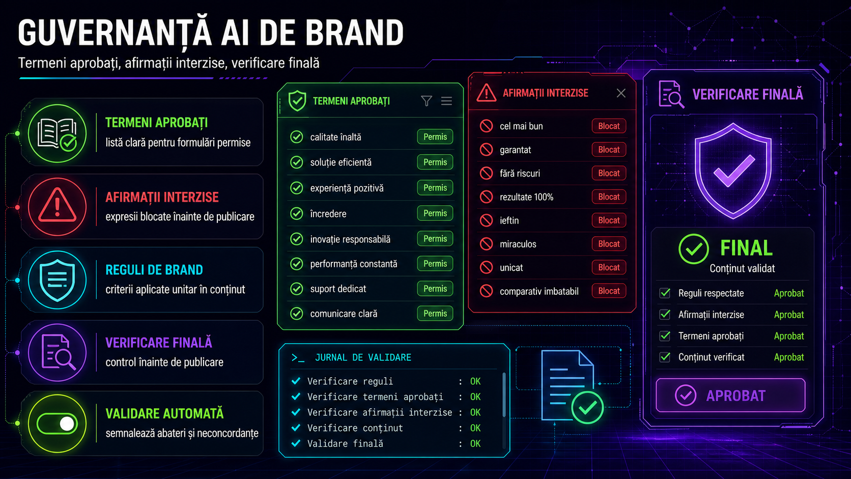 Sistem AI de brand governance pentru firme: cum controlezi terminologia, afirmațiile interzise și verificarea înainte de publicare