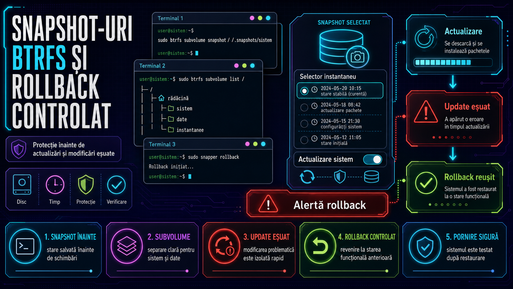 Snapshot-uri Btrfs pentru servere Linux: rollback controlat după actualizări și modificări eșuate