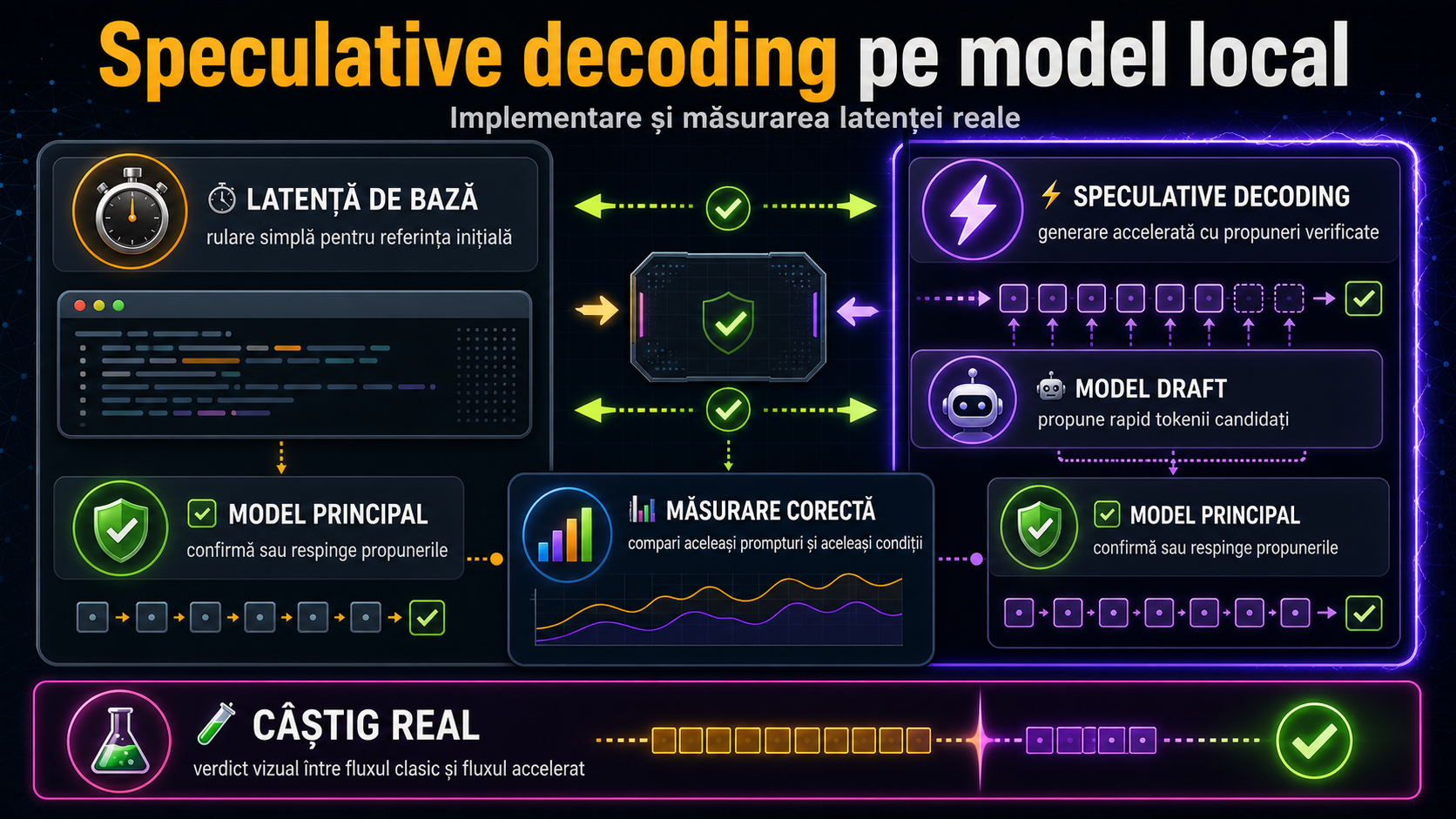 Cum implementezi speculative decoding local și cum măsori corect câștigul real de latență