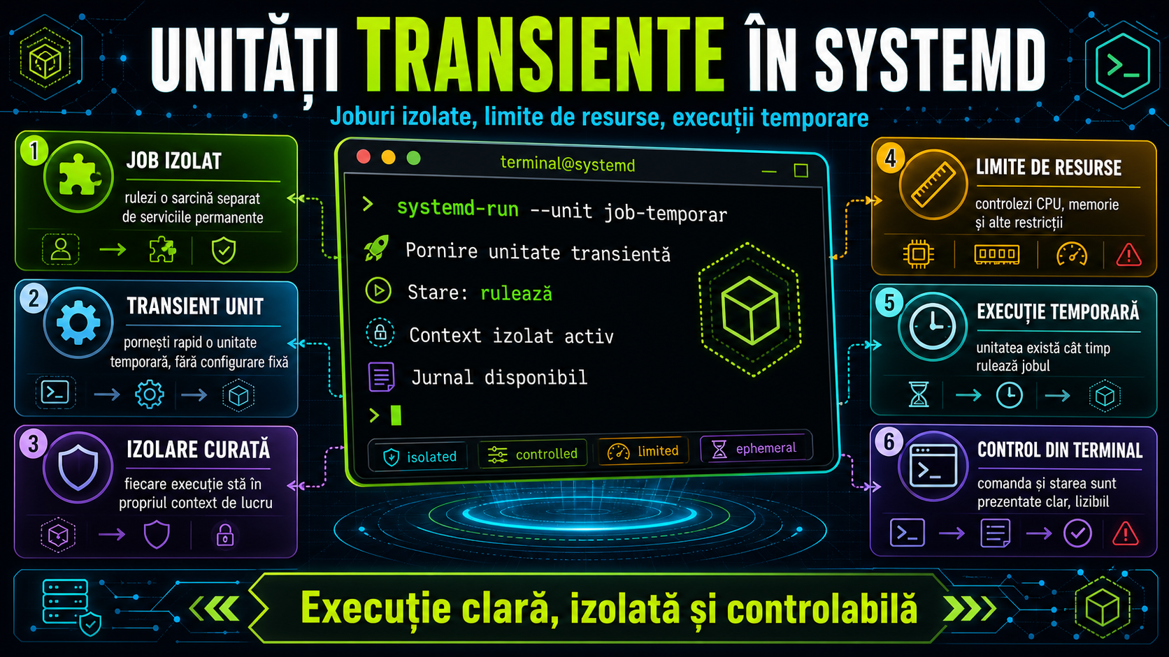 systemd transient units: joburi izolate, limite de resurse și execuții temporare în Linux