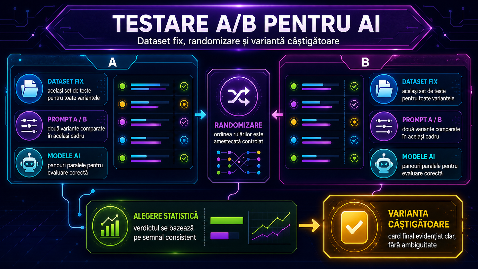 Cum faci testare A/B pentru prompturi și modele AI: dataset fix, randomizare și alegerea corectă a variantei câștigătoare