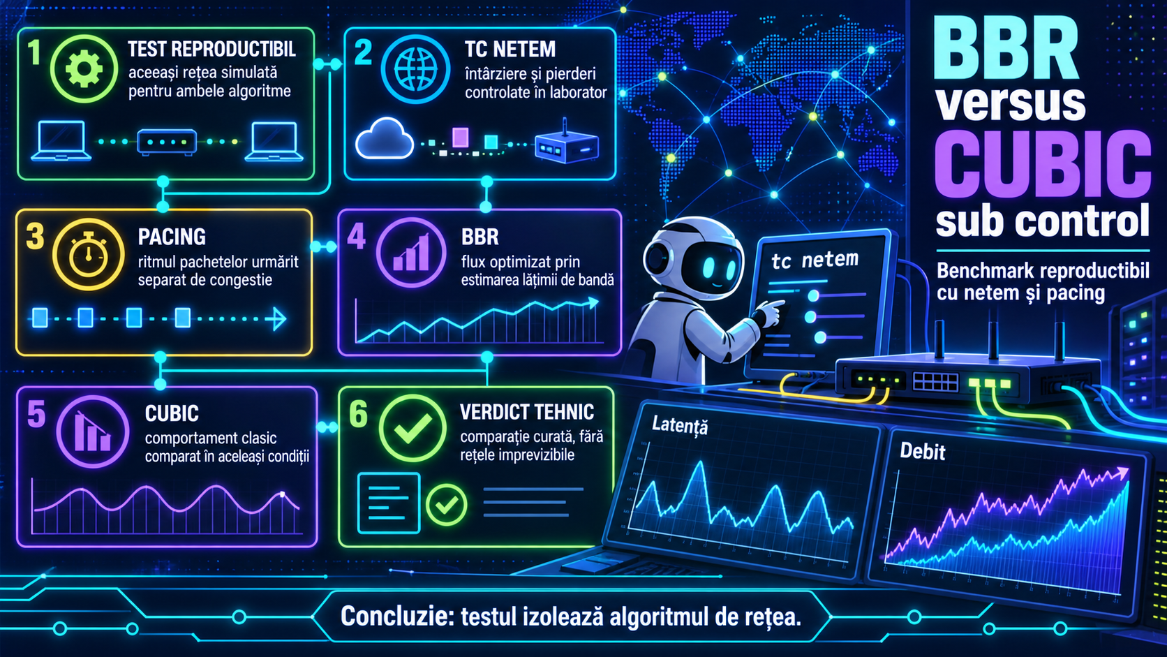 BBR versus CUBIC pe Linux: cum faci un benchmark reproductibil cu tc netem și pacing