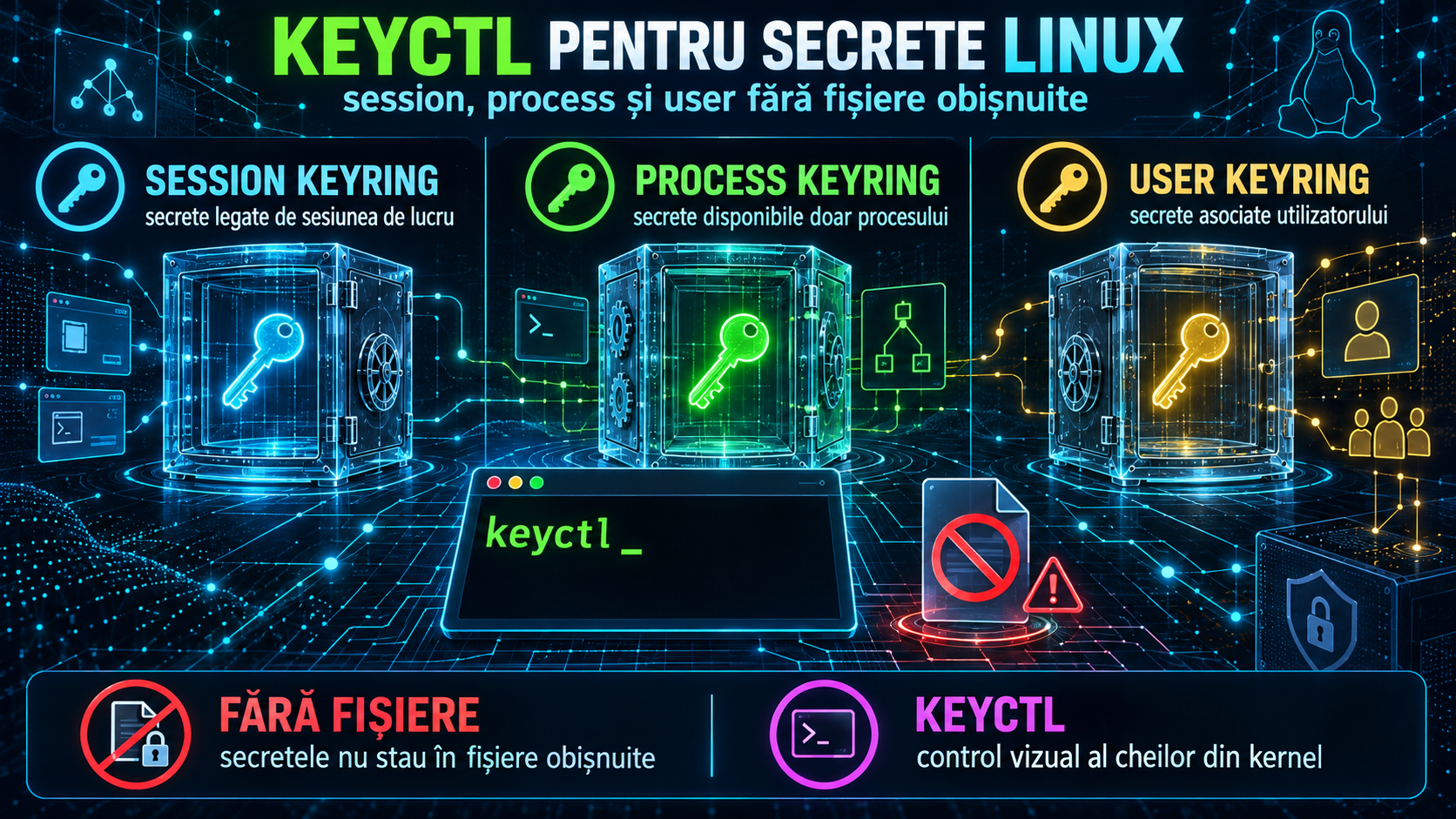 Linux Kernel Keyrings cu keyctl: cum păstrezi secrete temporare fără fișiere obișnuite