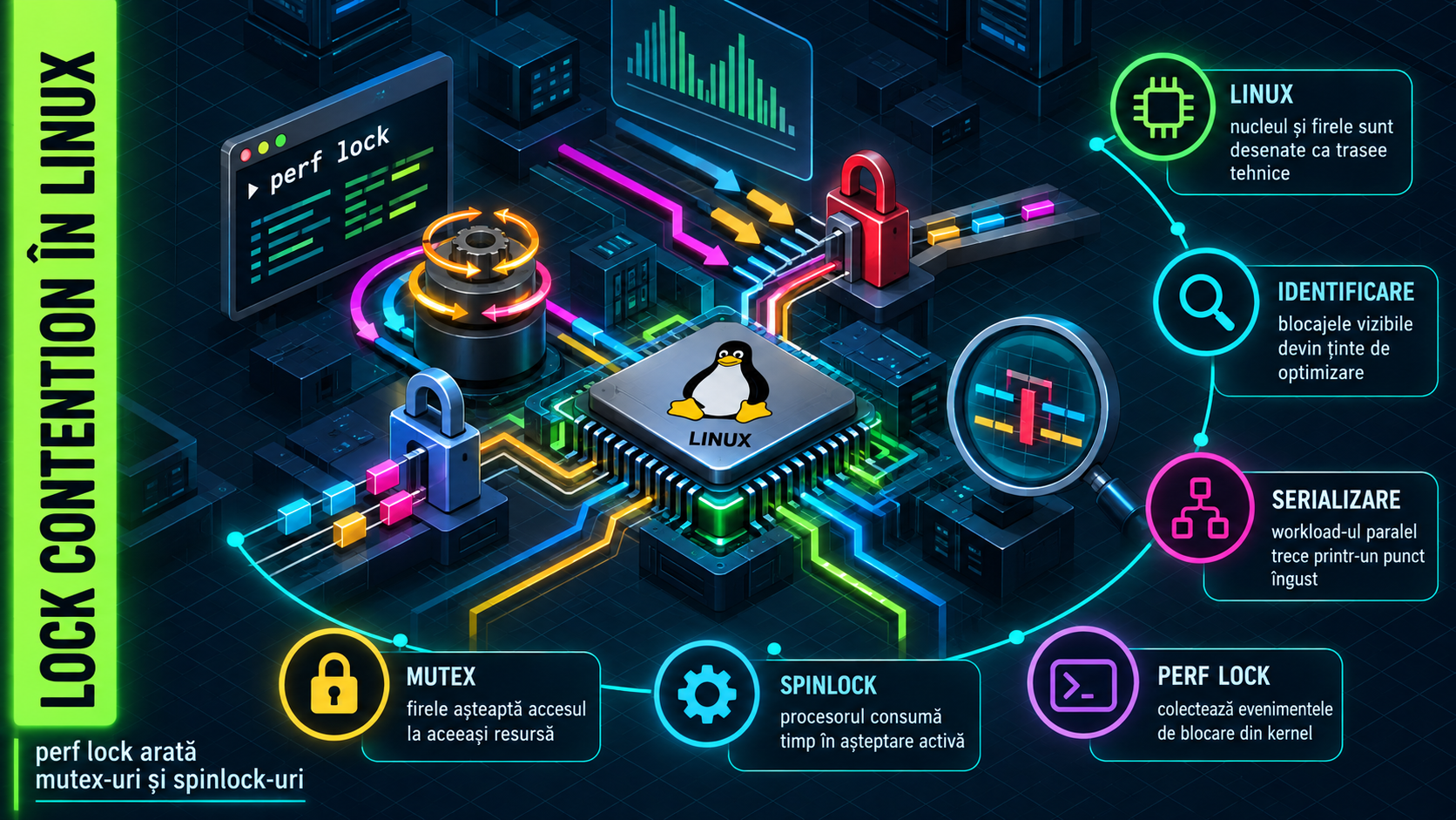 Lock Contention în Linux: cum folosești perf lock pentru a găsi mutex-uri și spinlock-uri care încetinesc workload-ul