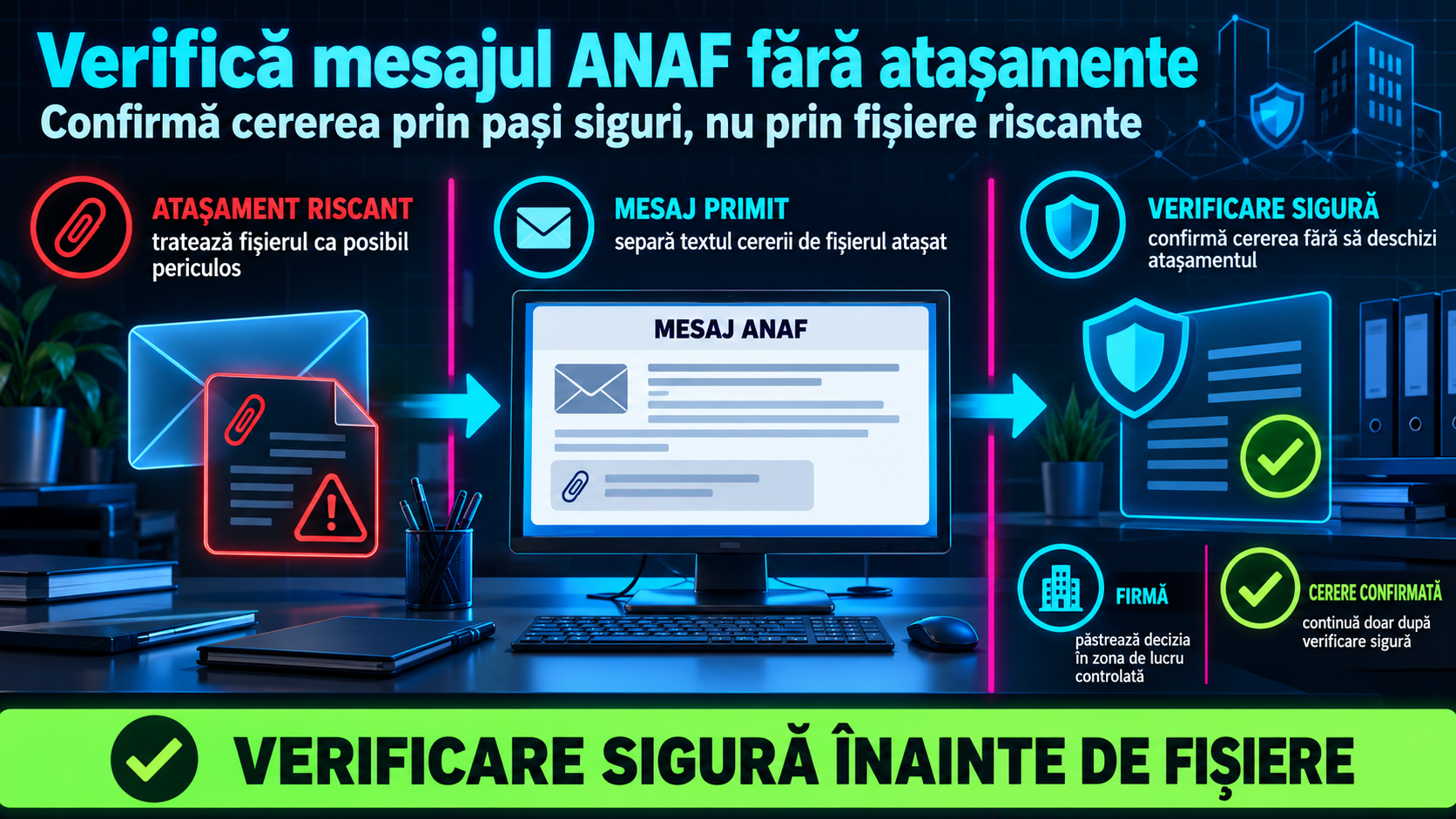 Mesaj ANAF primit de o firmă: cum verifici cererea fără să deschizi atașamente riscante