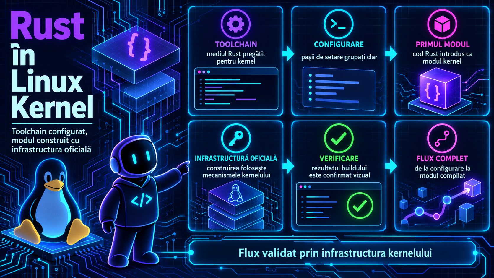 Rust în Linux Kernel: cum configurezi toolchain-ul și construiești primul modul Rust oficial