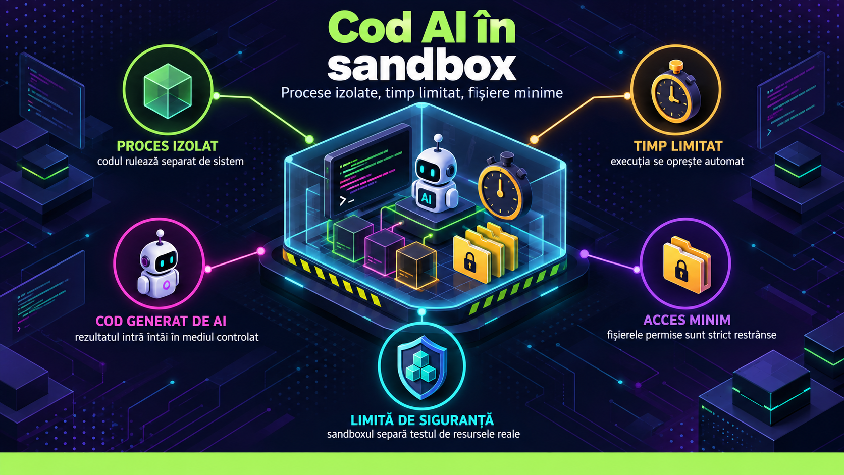 Sandbox pentru cod generat de AI: procese izolate, timp limitat și acces minim
