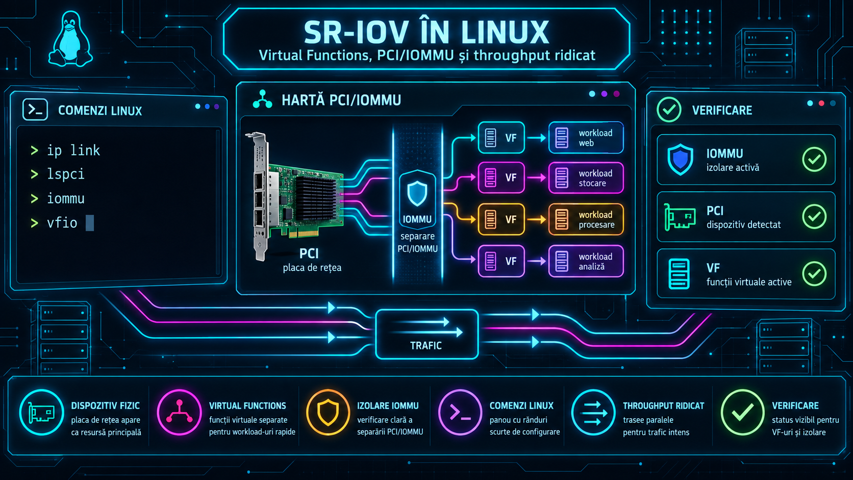SR-IOV în Linux: cum creezi Virtual Functions și verifici izolarea PCI/IOMMU