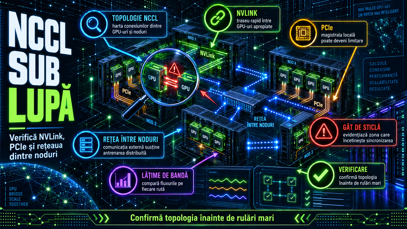 Topologia NCCL sub lupă: cum verifici dacă NVLink, PCIe și rețeaua limitează antrenarea distribuită
