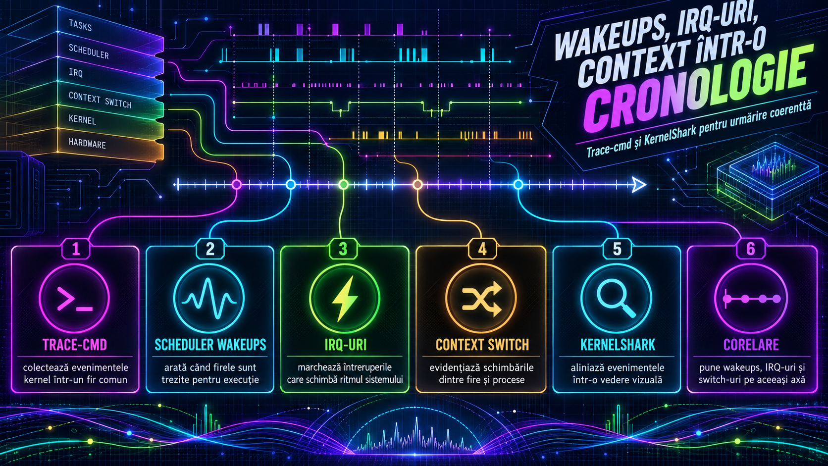 Trace-cmd și KernelShark: cum vezi scheduler wakeups, IRQ-uri și context switch-uri pe aceeași cronologie