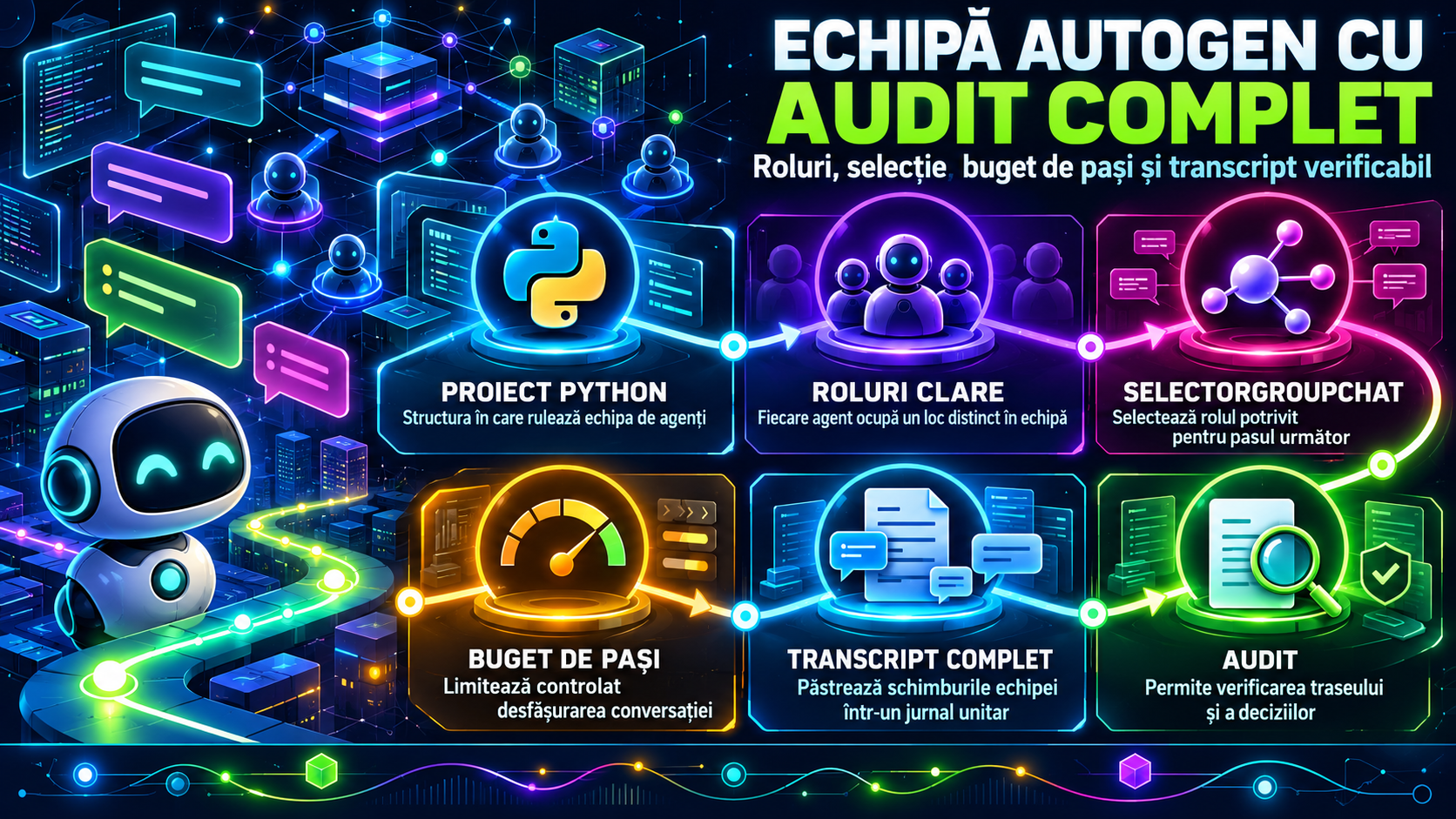 AutoGen AgentChat: echipă SelectorGroupChat cu audit complet