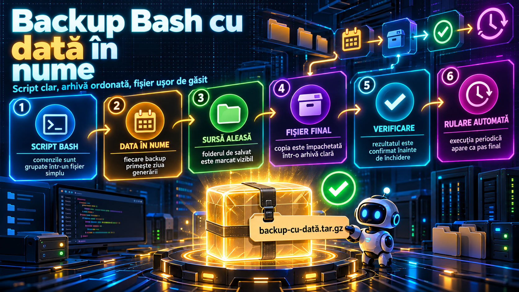 Backup automat în Bash: cum adaugi data în numele fișierului