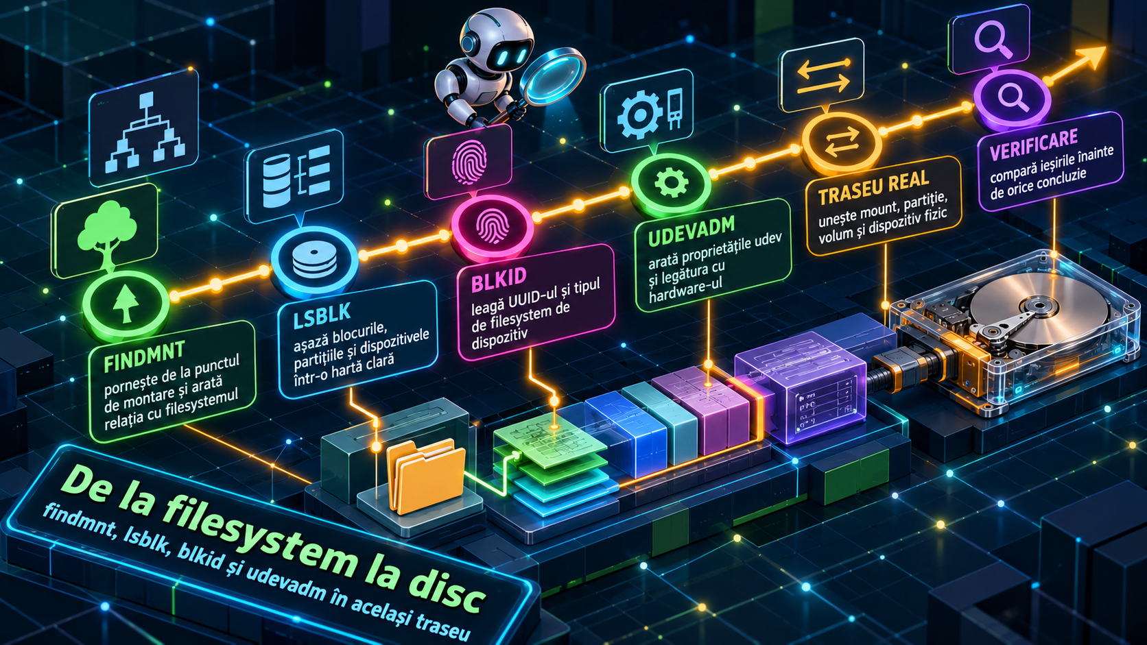 findmnt, lsblk, blkid și udevadm: traseul real de la filesystem la dispozitivul fizic