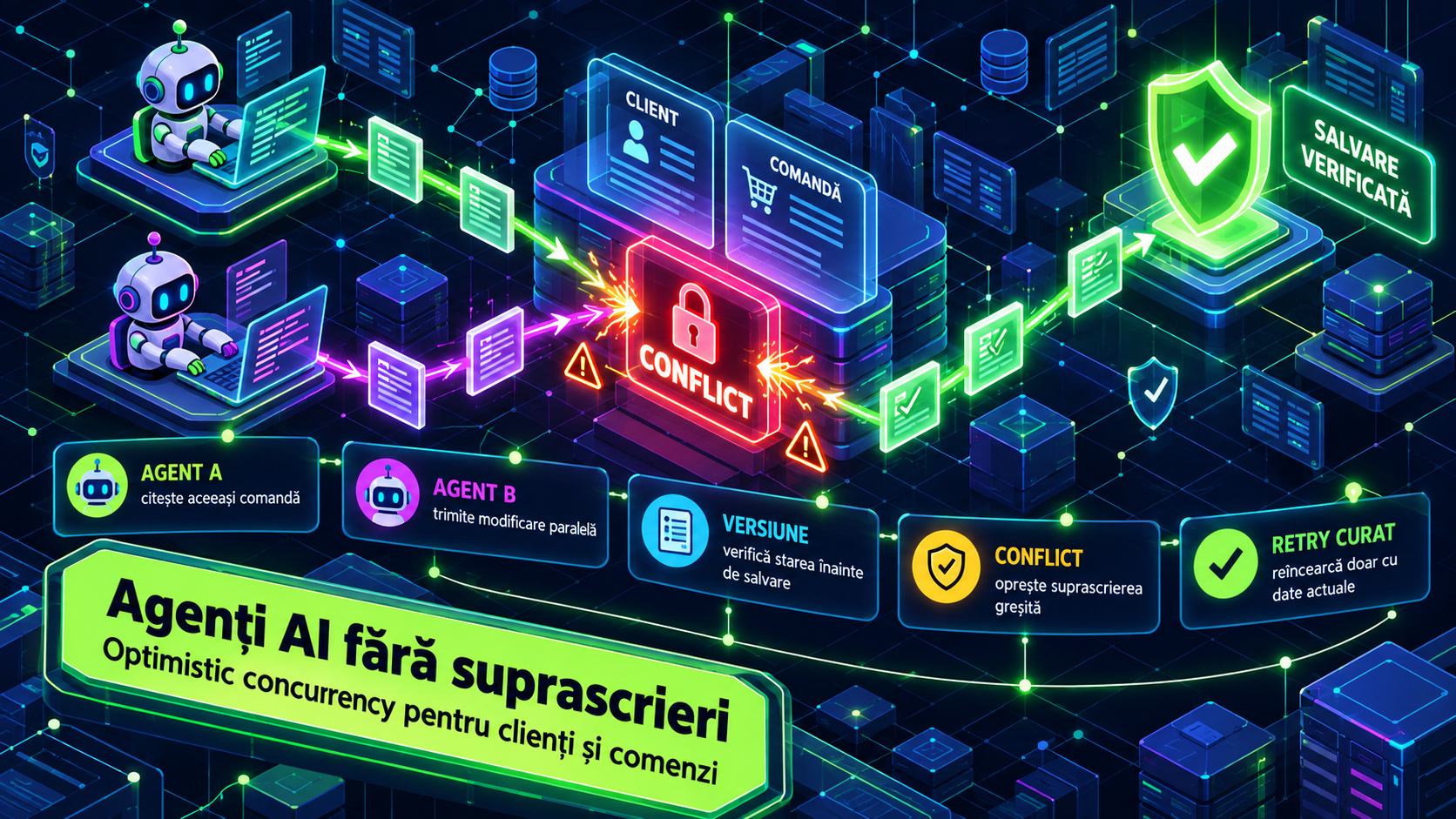 Optimistic Concurrency pentru agenți AI: cum eviți suprascrierea comenzilor și clienților