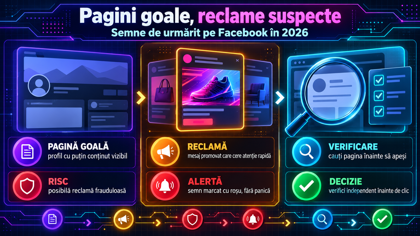 Pagini goale în reclame Facebook: semne de scam în 2026