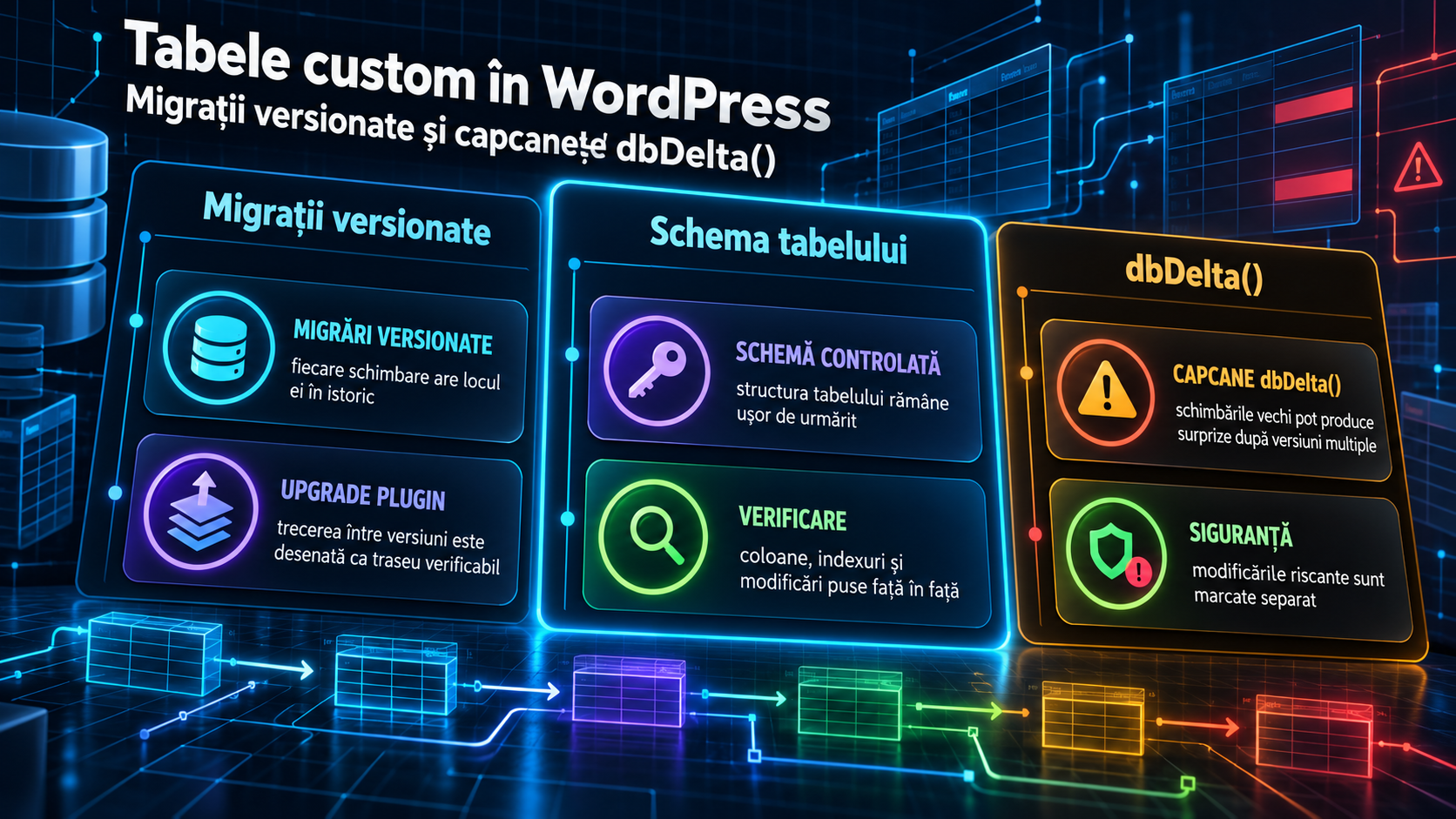 Tabele custom în WordPress: migrații versionate și capcanele dbDelta() după mai multe versiuni ale pluginului